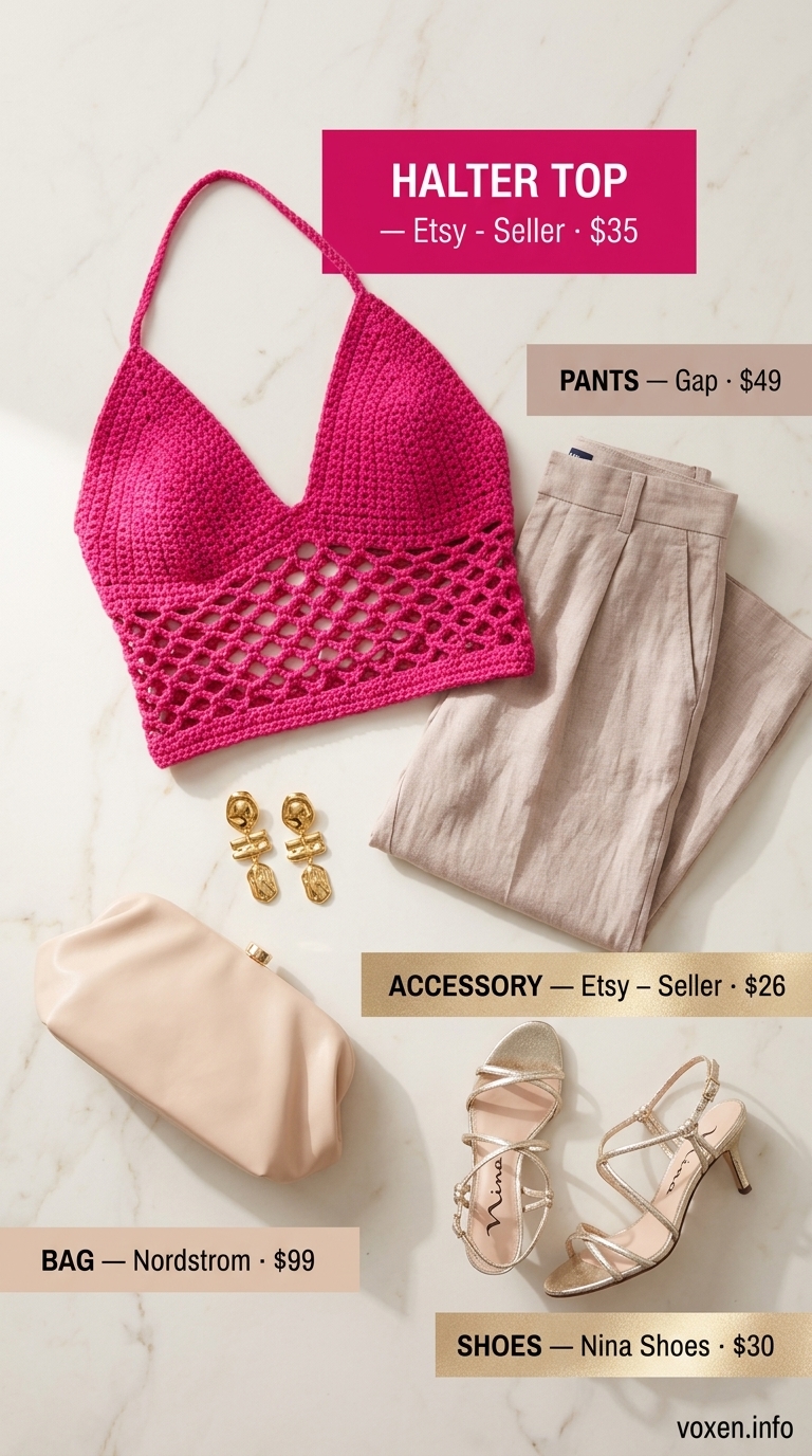 Fuchsia crochet halter top with flowy linen pants for summer crochet outfits for women 2026. Beach club glam.
