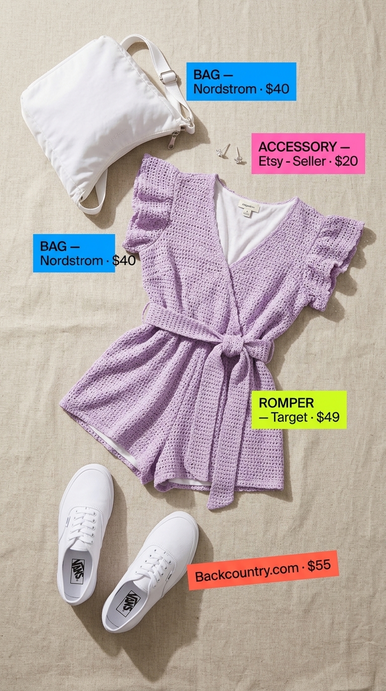 Lavender crochet romper for a sweet farmers market outfit. Summer crochet outfits for women 2026.