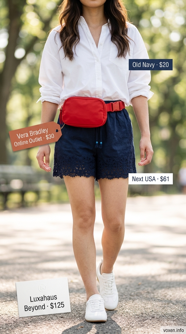 Navy blue crochet shorts with white shirt for summer crochet outfits for women 2026. Sporty chic style.