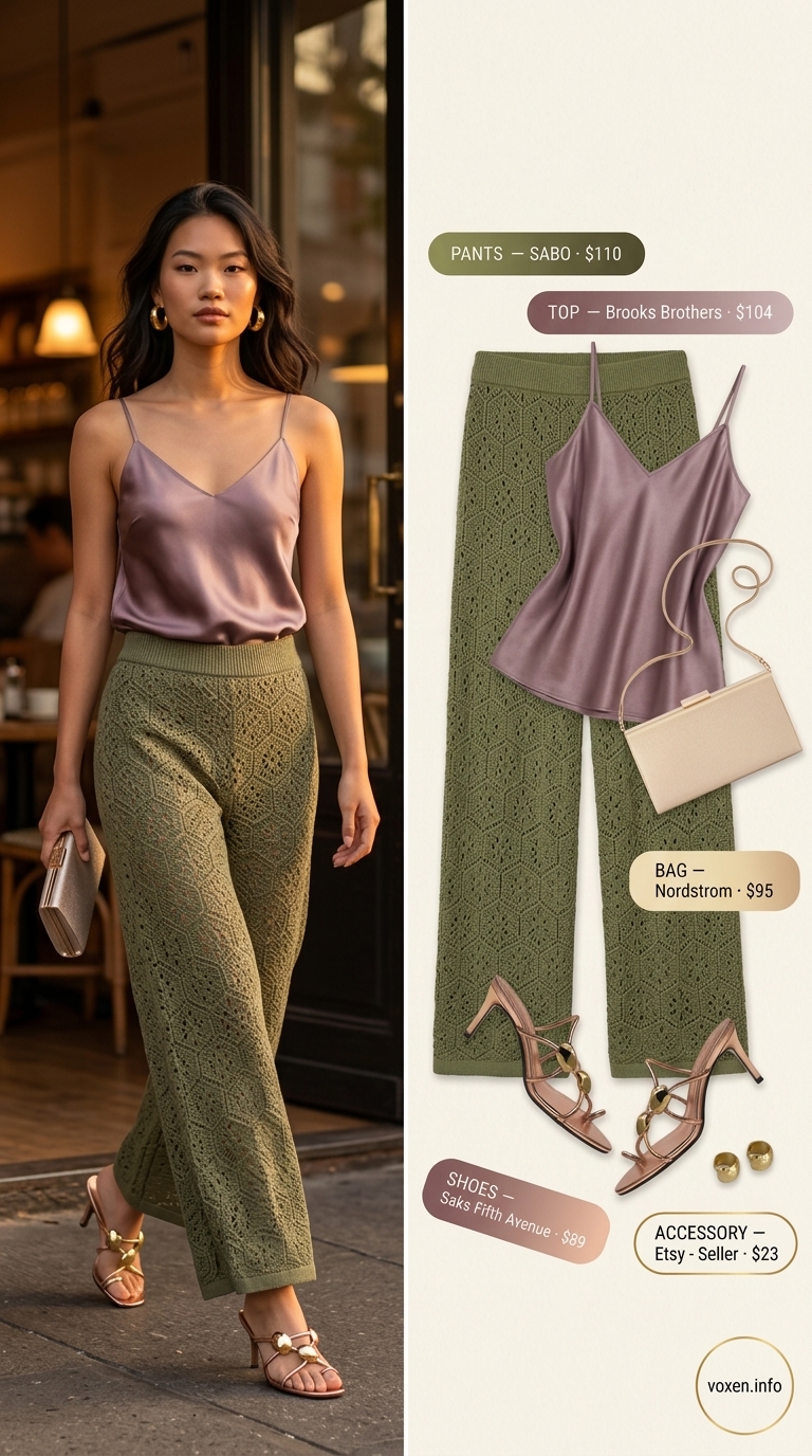 Olive green crochet wide-leg pants for a chic resort wear look. Summer crochet outfits for women 2026.