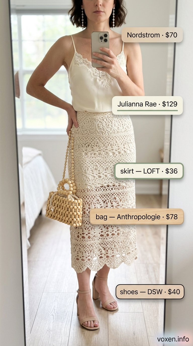 Sage green crochet midi skirt for a romantic garden party outfit. Summer crochet outfits for women 2026.