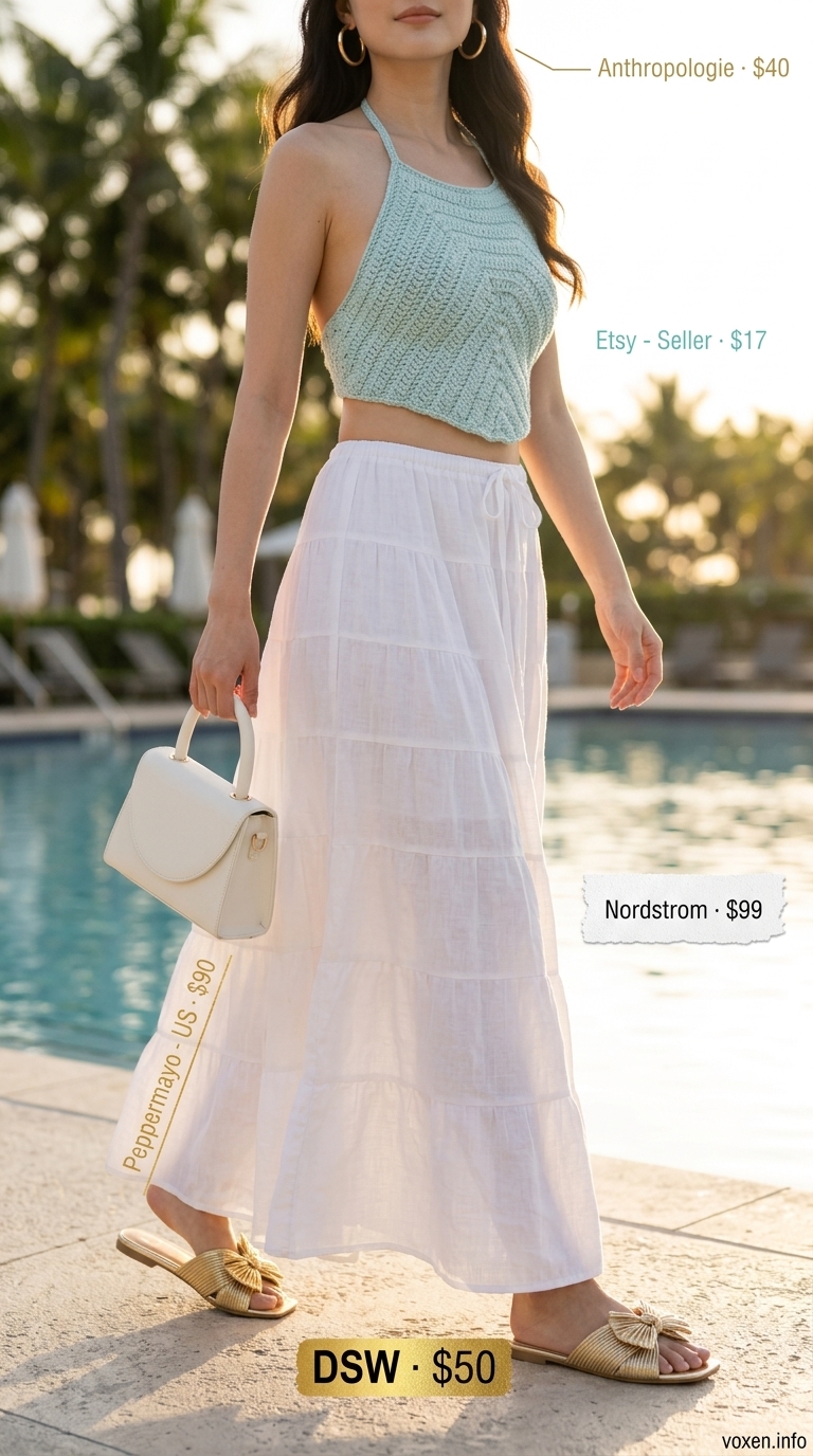 Teal crochet halter top with white maxi skirt for poolside glamour. Summer crochet outfits for women 2026.