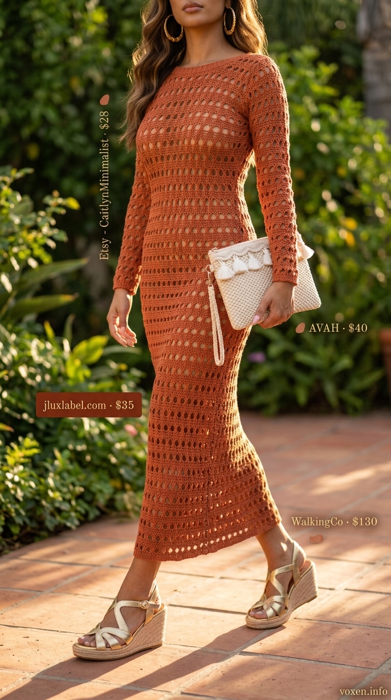 Terracotta crochet maxi dress for summer crochet outfits for women 2026. Boho vacation dinner style.