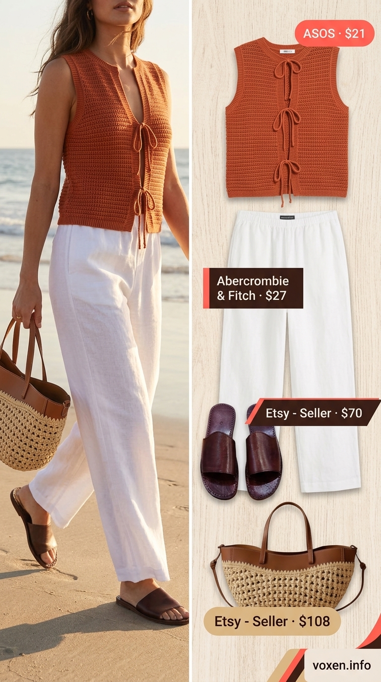 Terracotta crochet vest over white linen pants for an artsy weekend look. Summer crochet outfits for women 2026.