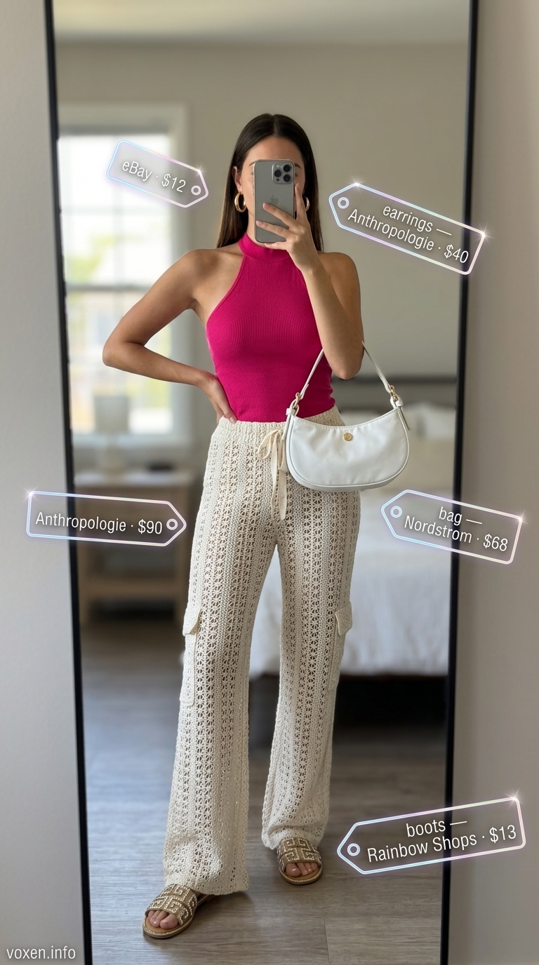 White crochet wide-leg pants with a fuchsia halter top for resort wear. Summer crochet outfits for women 2026.