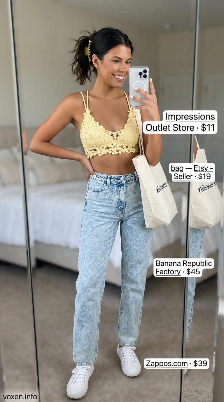 Pastel yellow crochet bralette with denim shirt for summer crochet outfits for women 2026. Playful casual style.
