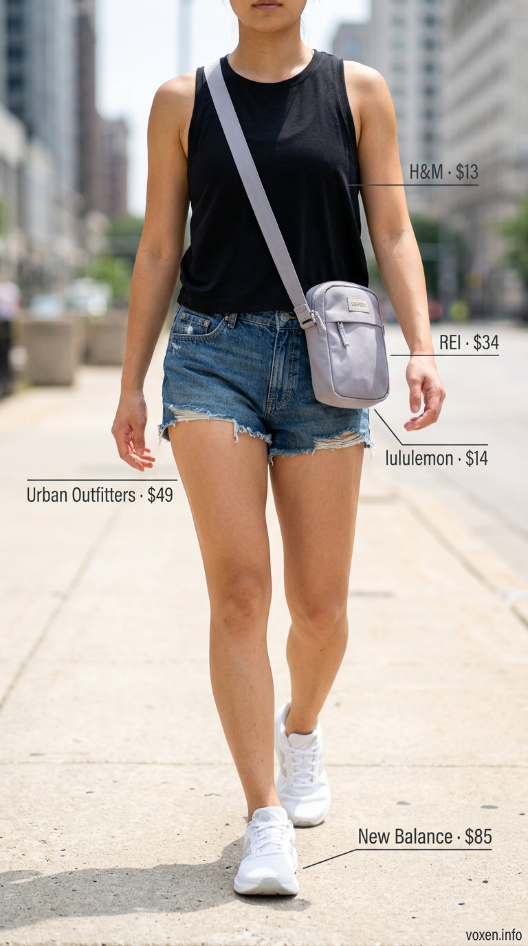 Athleisure ease outfit with distressed denim shorts for women 2026, athletic tank, and crossbody bag.