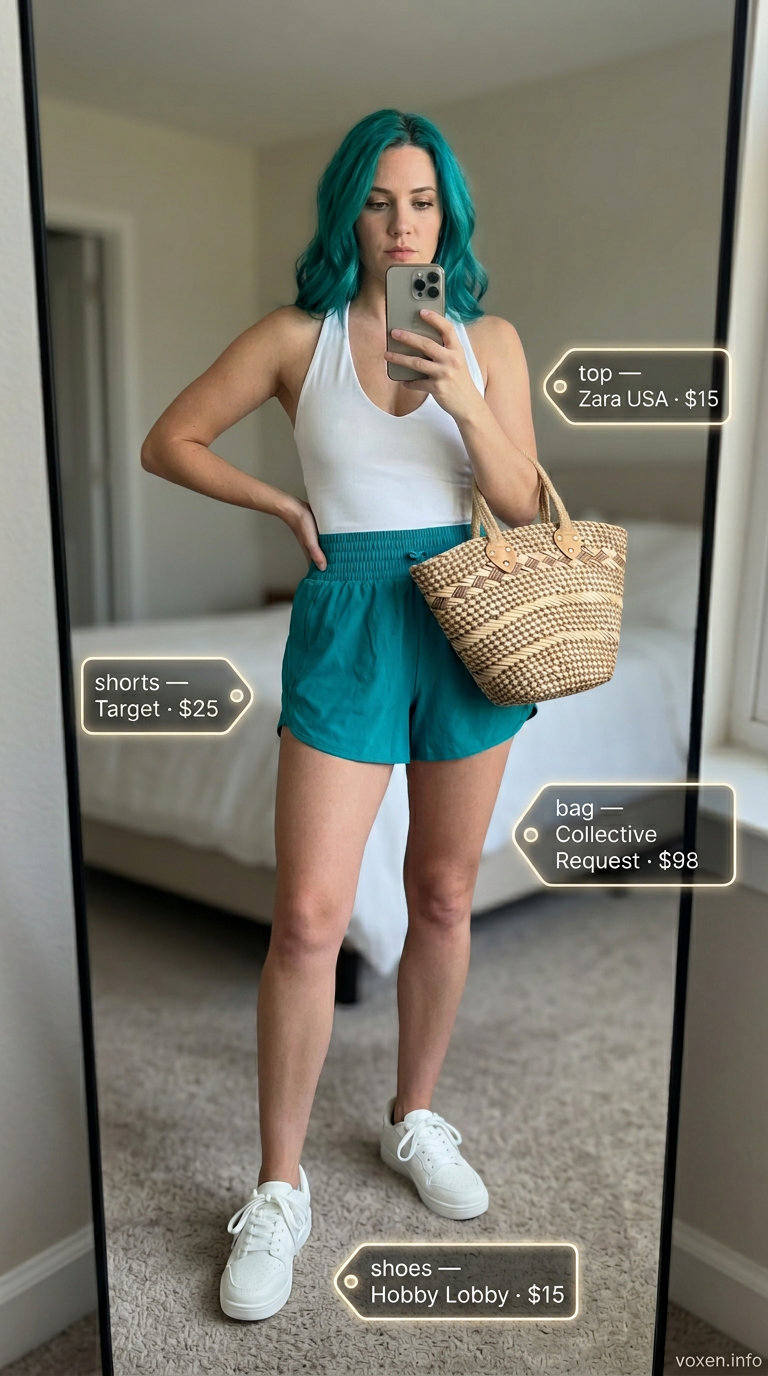 Beach day summer denim shorts outfit for women 2026: Teal board shorts, crochet top, linen shirt, slides, straw hat.