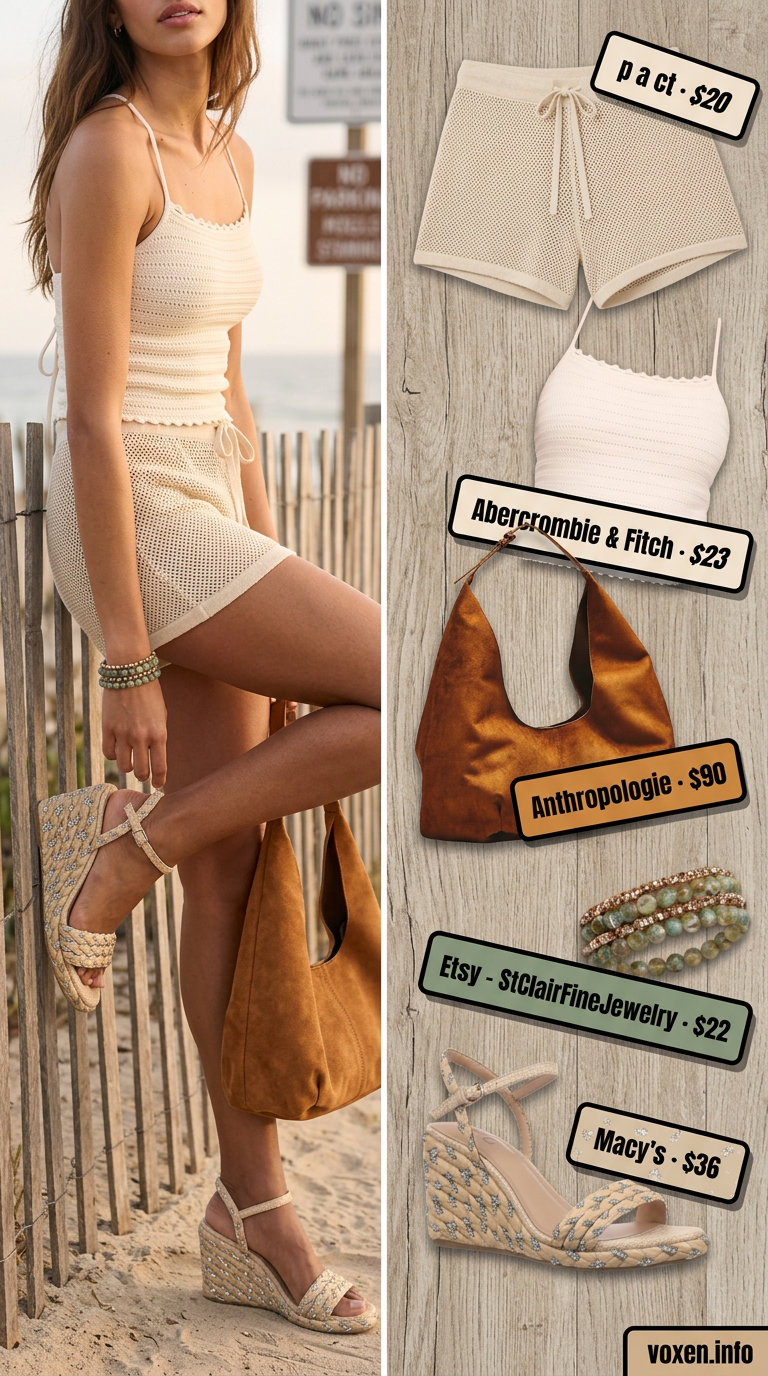 Boho beach babe outfit with cream crochet shorts for women 2026, matching top, and espadrille wedges.