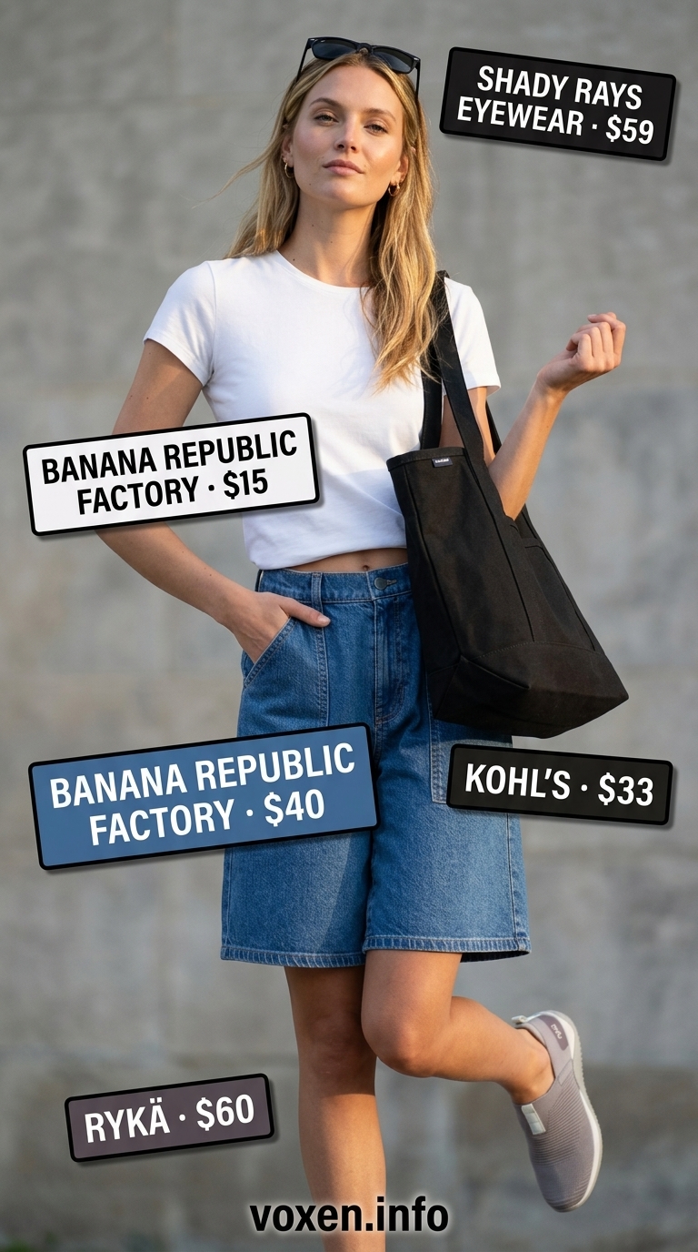 Casual summer denim shorts outfit for women 2026: Medium wash Bermuda shorts, white tee, grey knit top, black sneakers & tote.