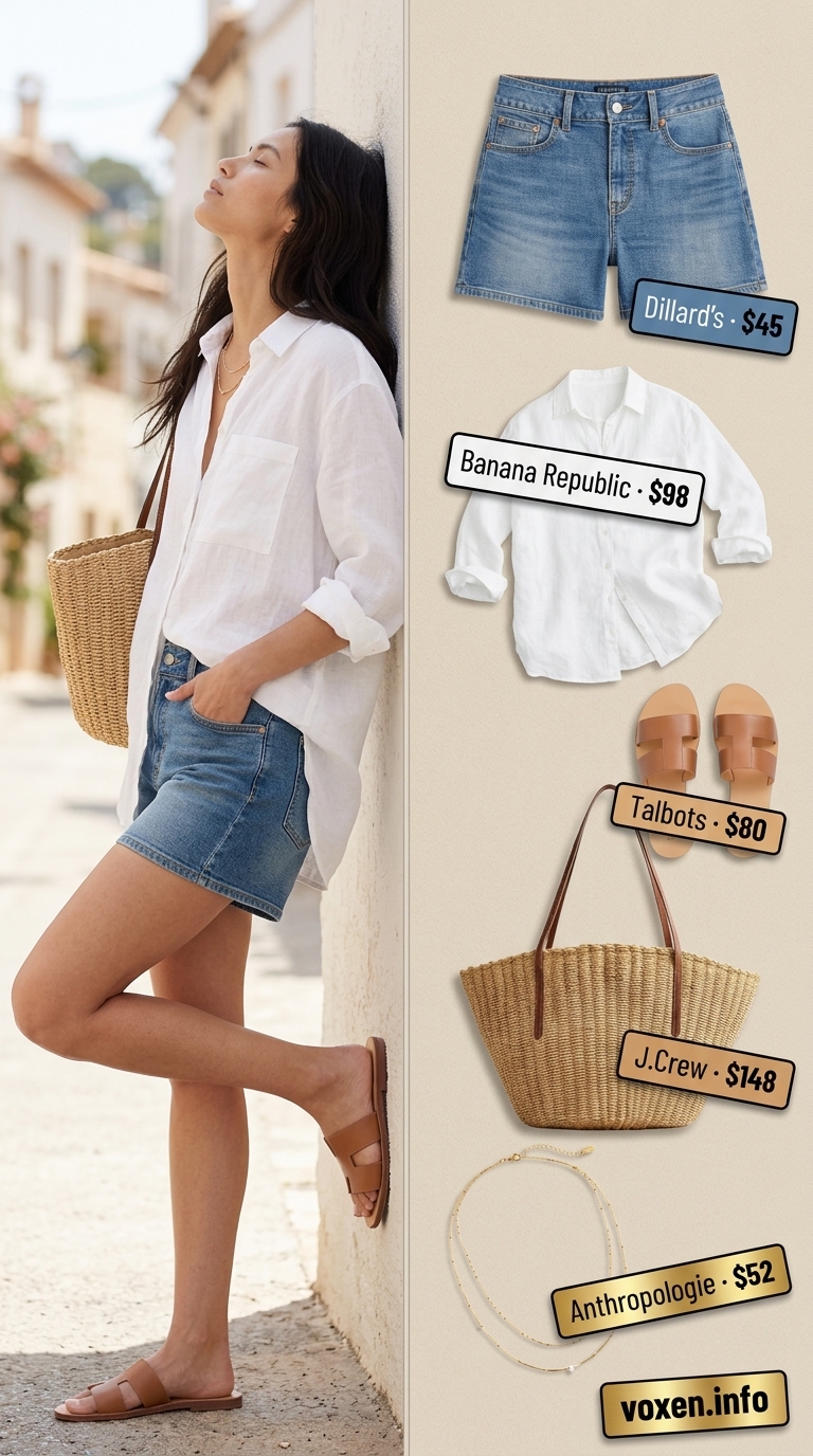 Coastal chic outfit with medium wash denim shorts for women 2026, linen shirt, and straw tote.