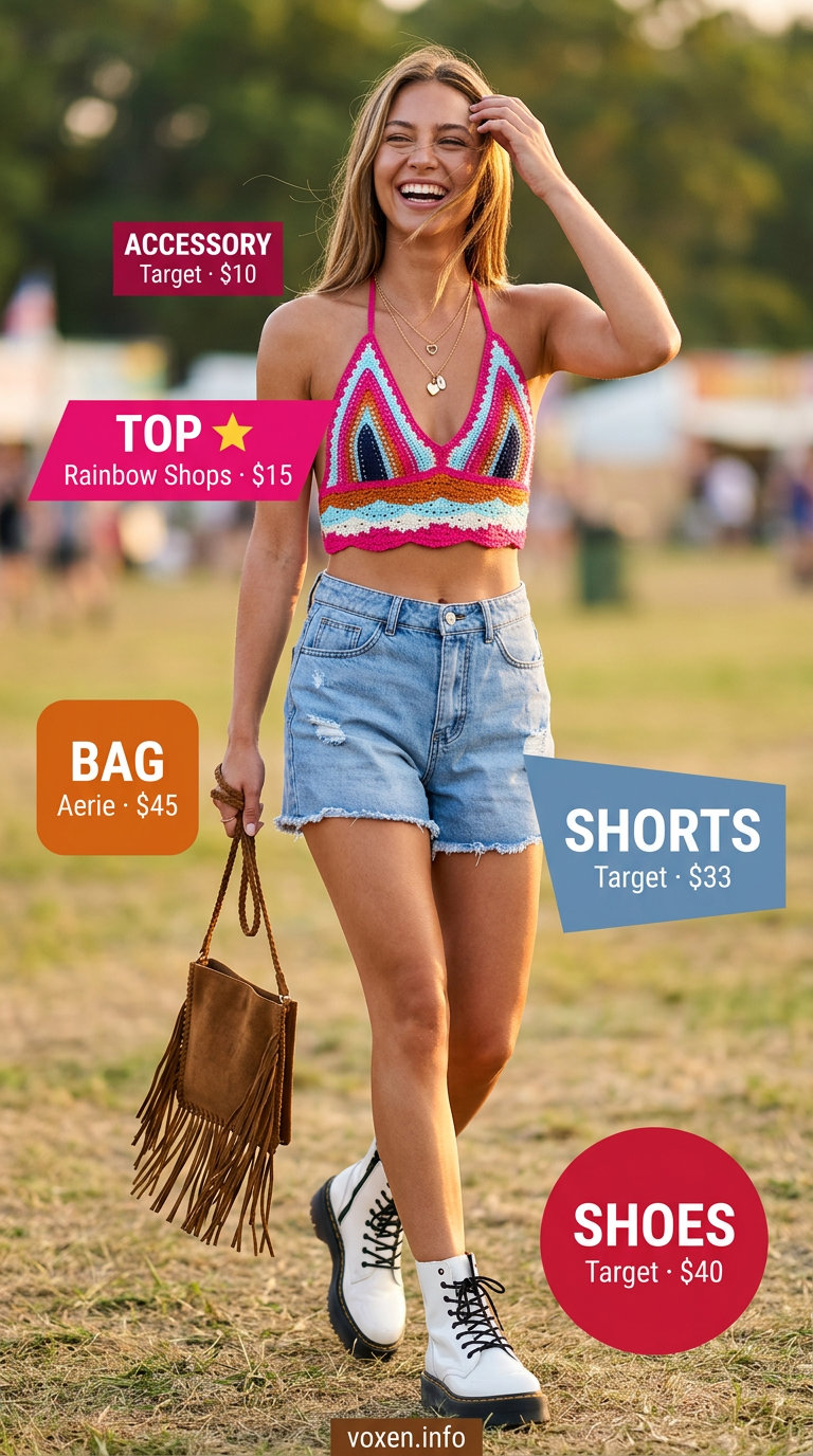 Festival ready outfit with distressed denim shorts for women 2026, hot pink crochet top, and combat boots.