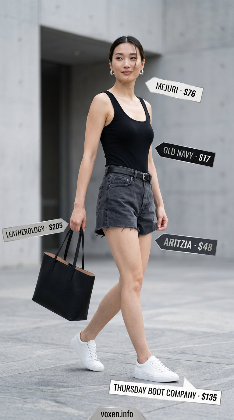 Modern minimalist outfit with black denim shorts for women 2026, white sneakers, and bodysuit.