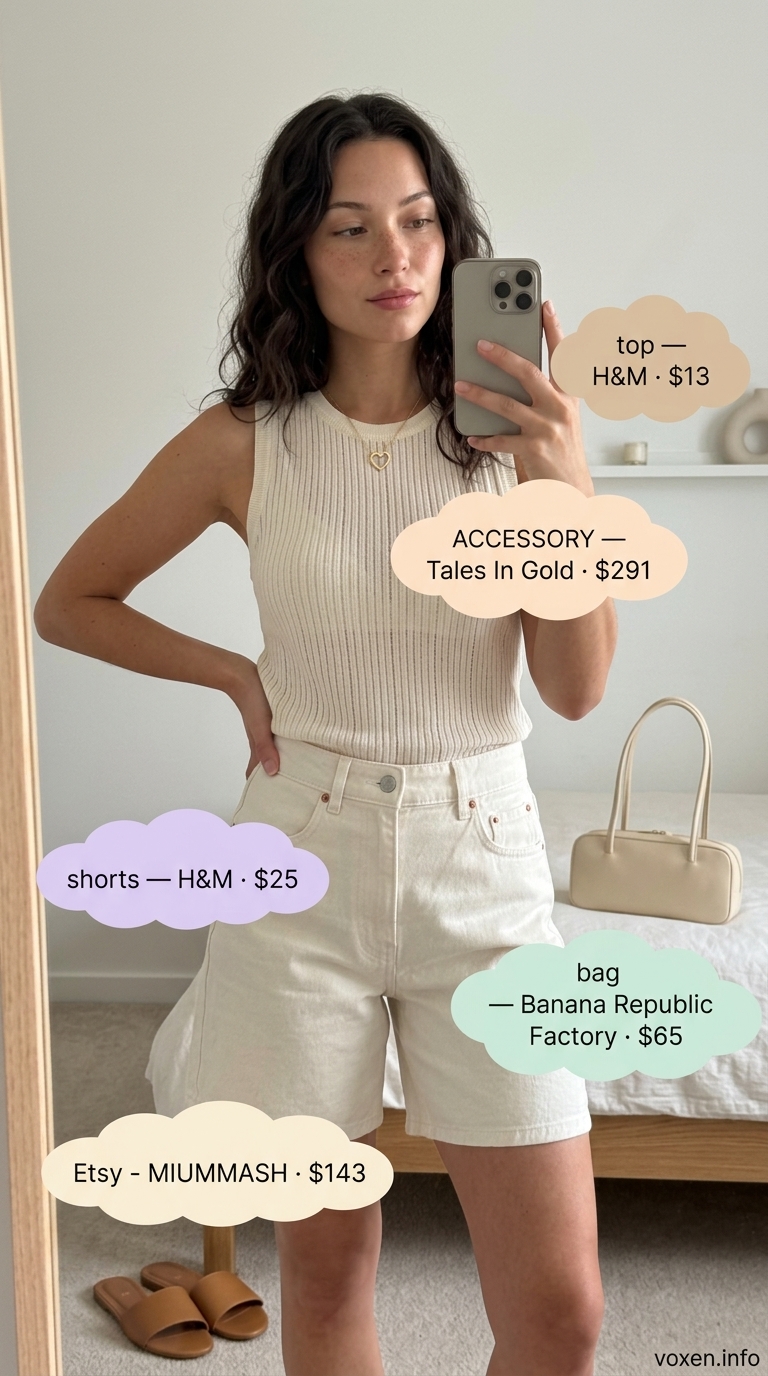 Monochromatic minimalist outfit with cream denim shorts for women 2026, beige knit top, and leather slides.