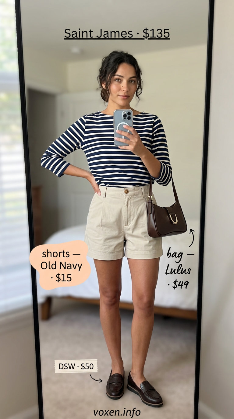 Preppy summer denim shorts outfit for women 2026: Khaki chino shorts, navy polo, leather loafers, white crossbody.