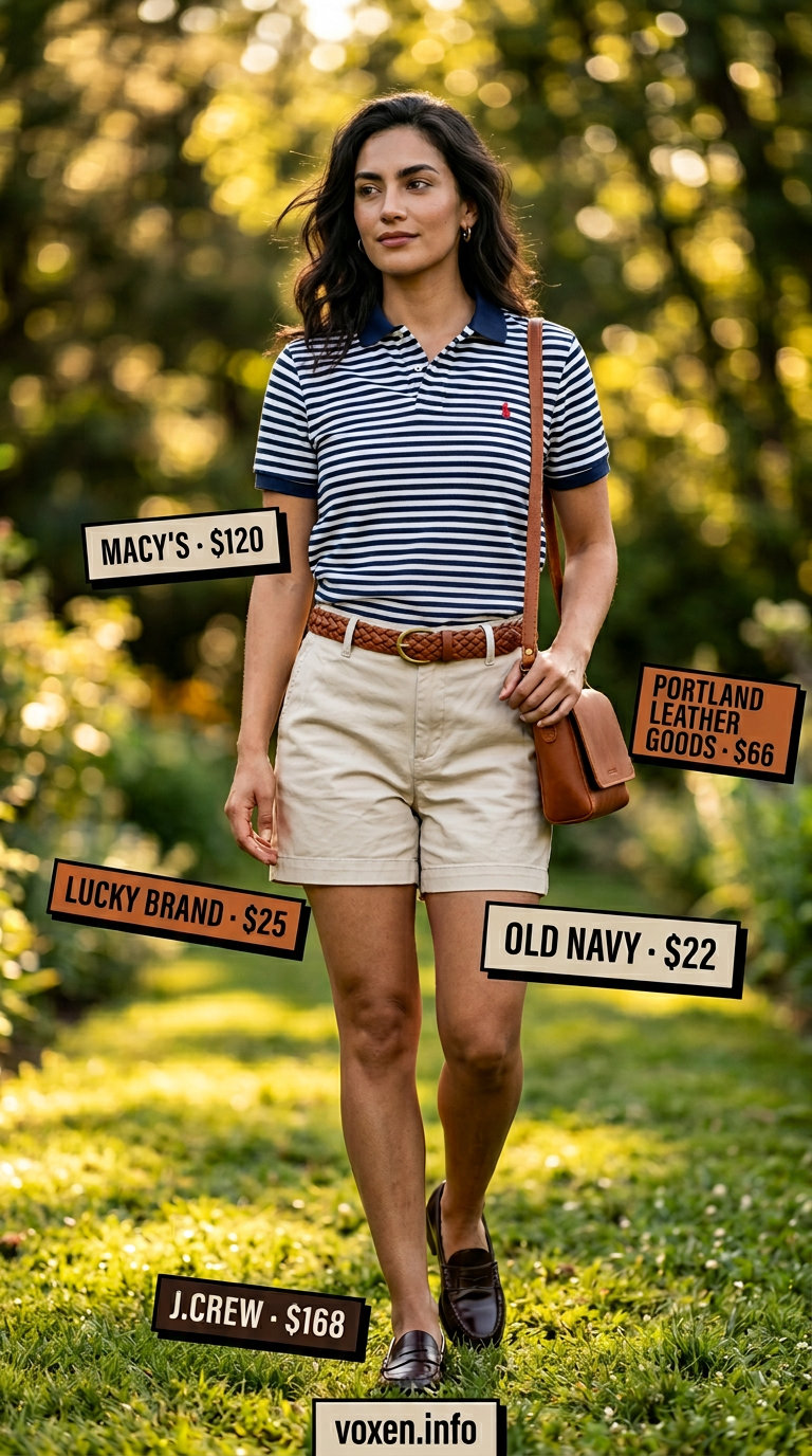 Preppy picnic outfit with beige chino shorts for women 2026, navy polo, and leather loafers.