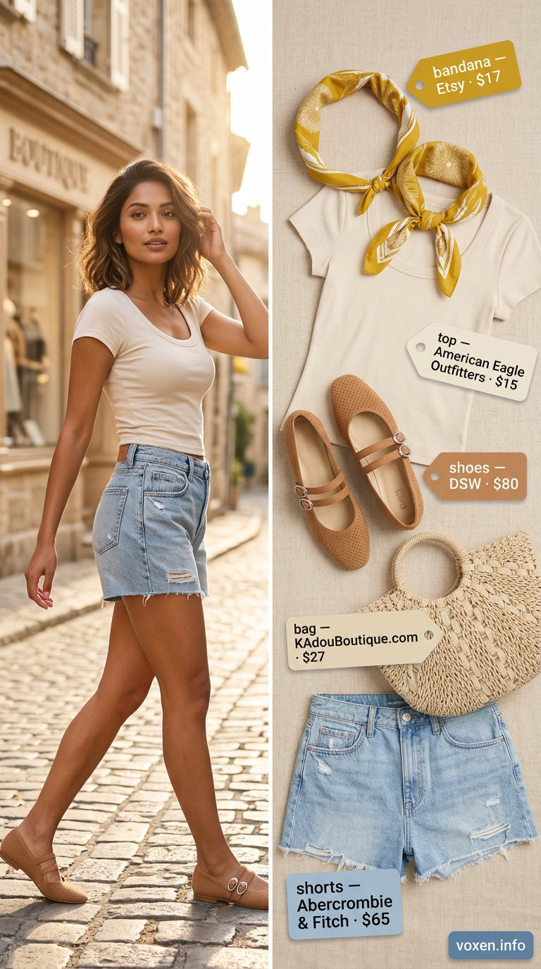 Retro high-waist summer denim shorts outfit for women 2026: Medium wash shorts, mustard scarf, cream tank, cork sandals.
