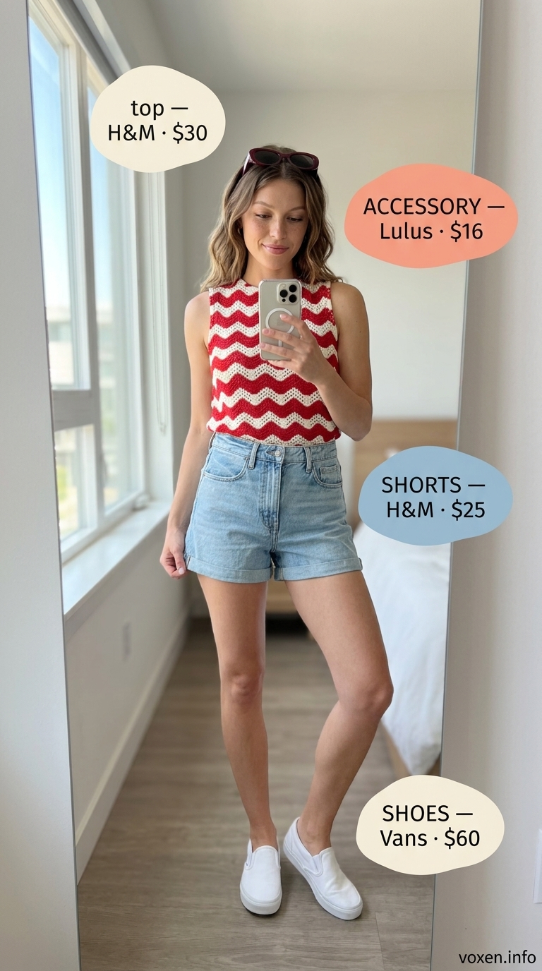 Retro playful summer denim shorts outfit for women 2026: High-waist shorts, striped top, cat-eye sunglasses, sneakers.