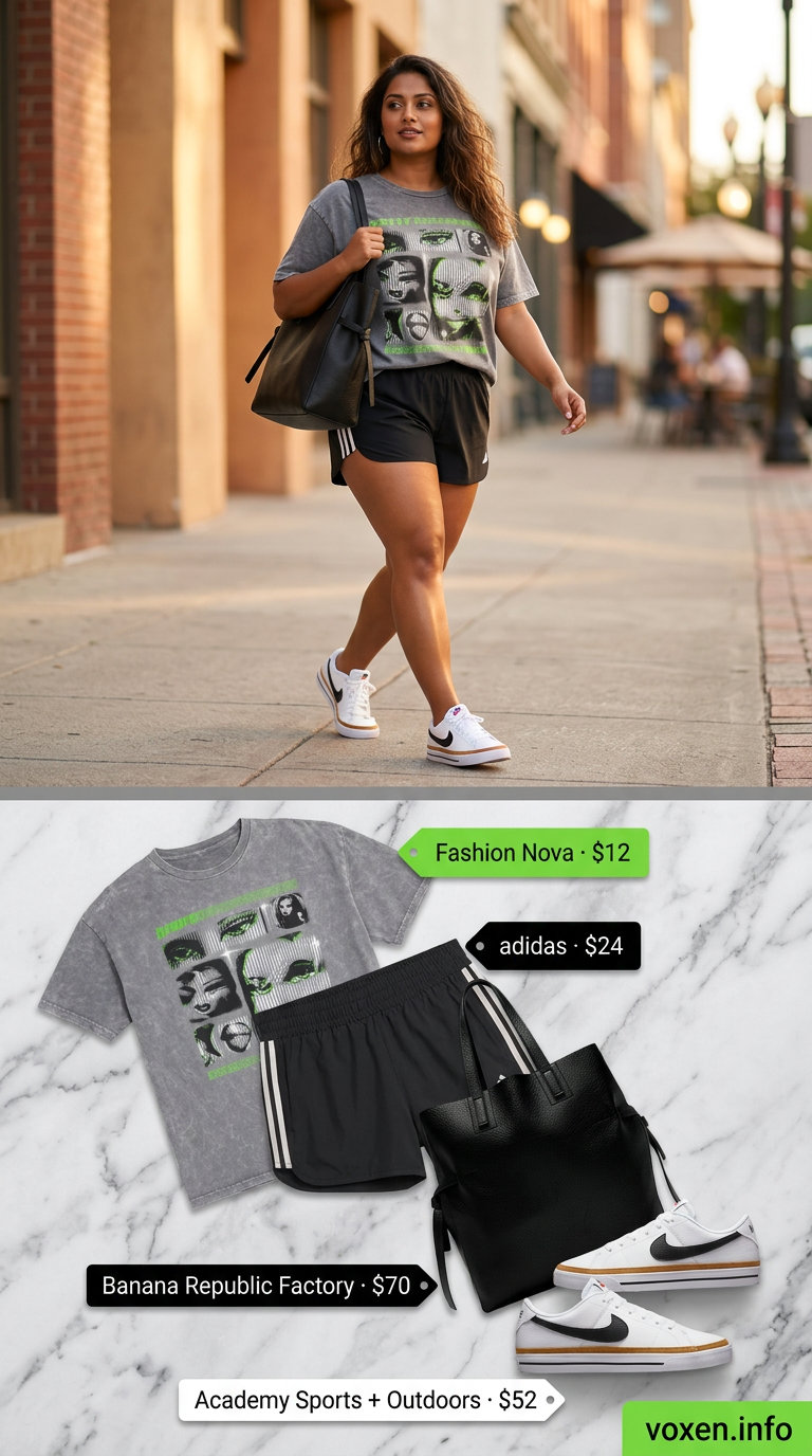 Sporty chic athleisure outfit with biker shorts for women 2026, graphic sweatshirt, and sneakers.
