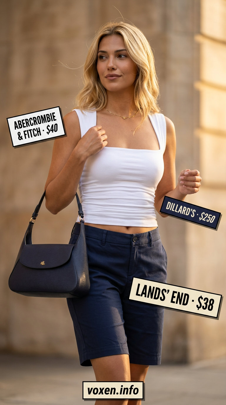 Chic tailored summer denim shorts outfit for women 2026: Navy linen shorts, ivory blouse, heeled mules, satchel bag.