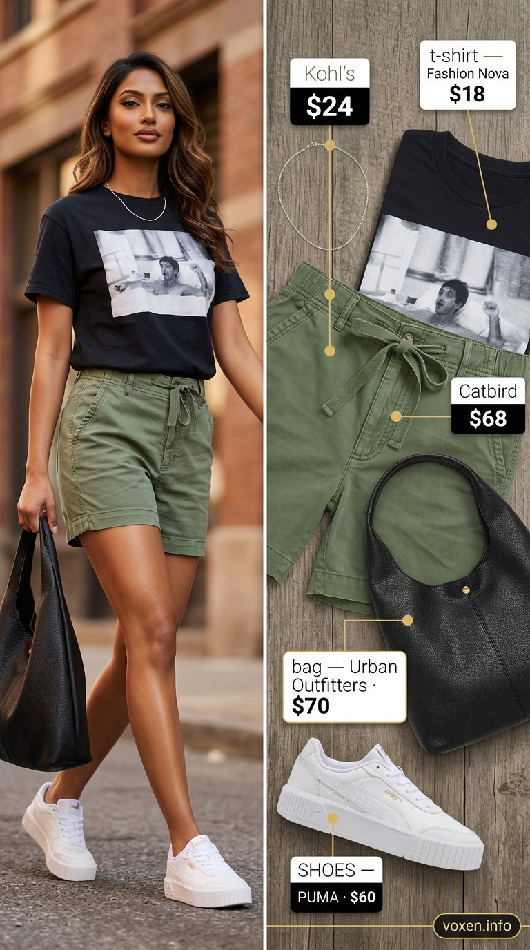 Urban explorer outfit with olive cargo shorts for women 2026, graphic tee, and platform sneakers.