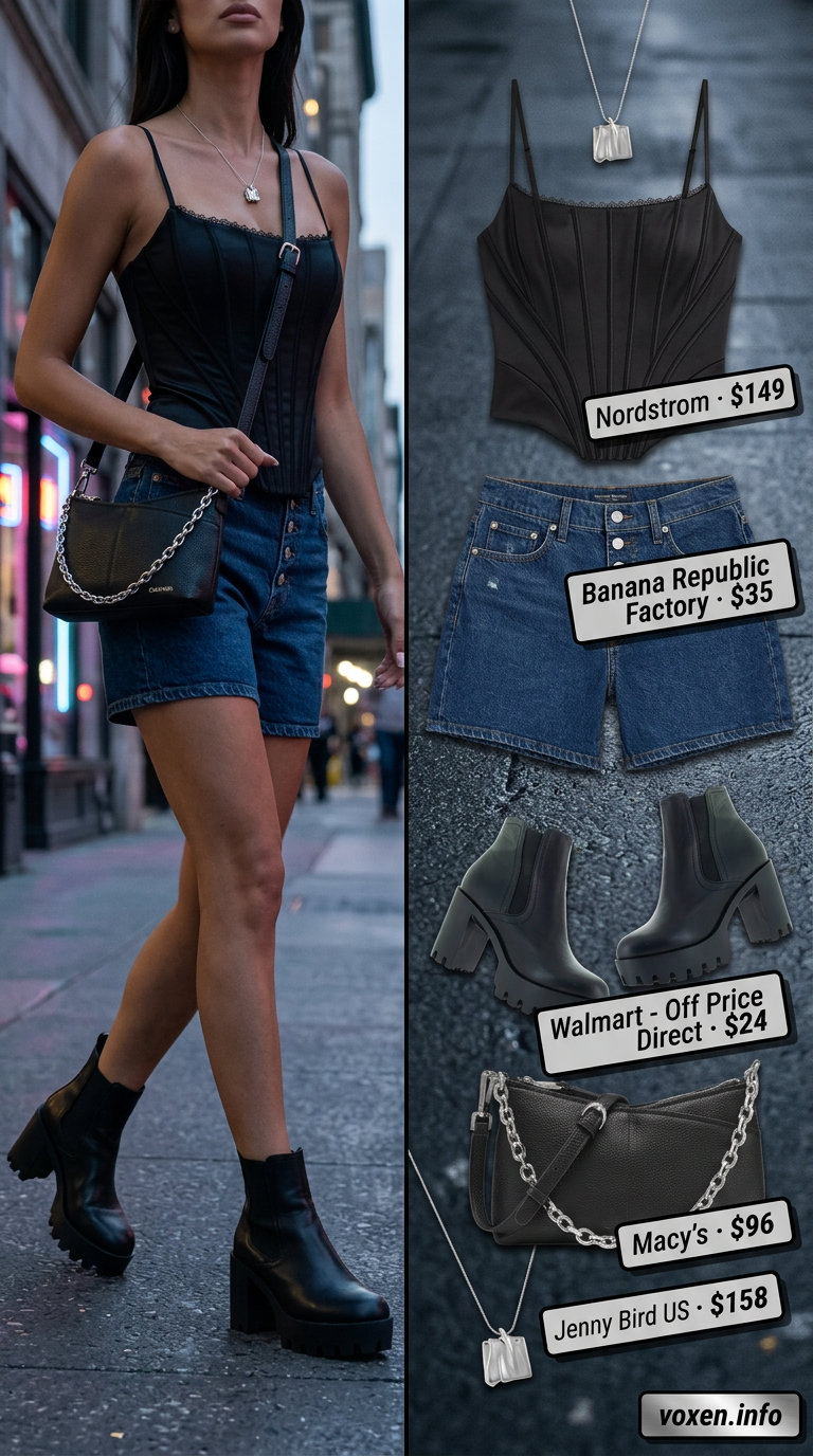 Edgy urban outfit with dark indigo denim shorts for women 2026, black corset top, and ankle boots.
