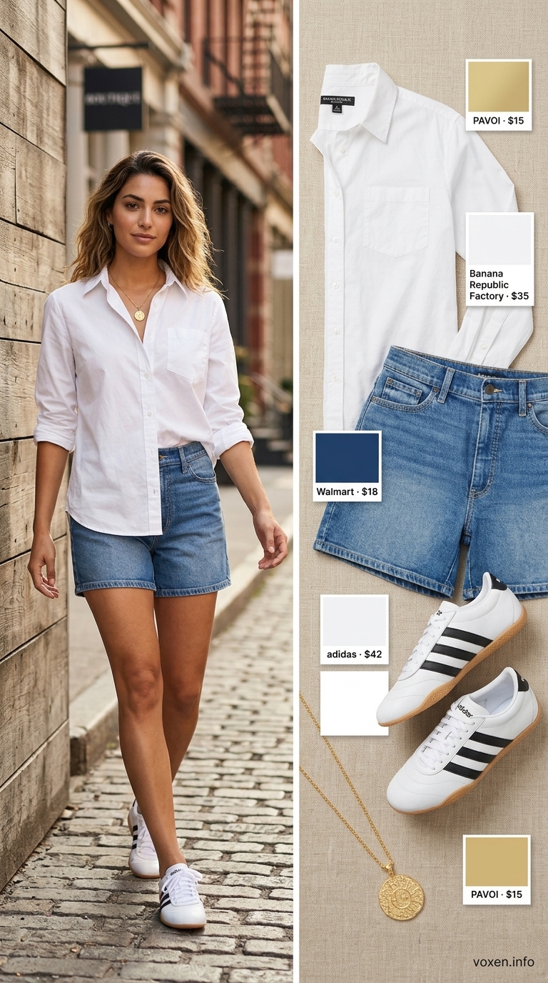 Weekend getaway summer denim shorts outfit for women 2026: Mid-rise shorts, white oversized shirt, canvas tote, aviators.
