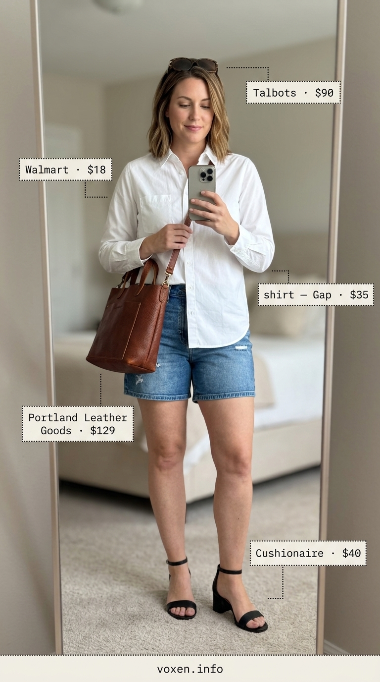 Chic summer denim shorts outfit for women 2026: dark wash shorts, white button-down, black block heels, tortoiseshell glasses.