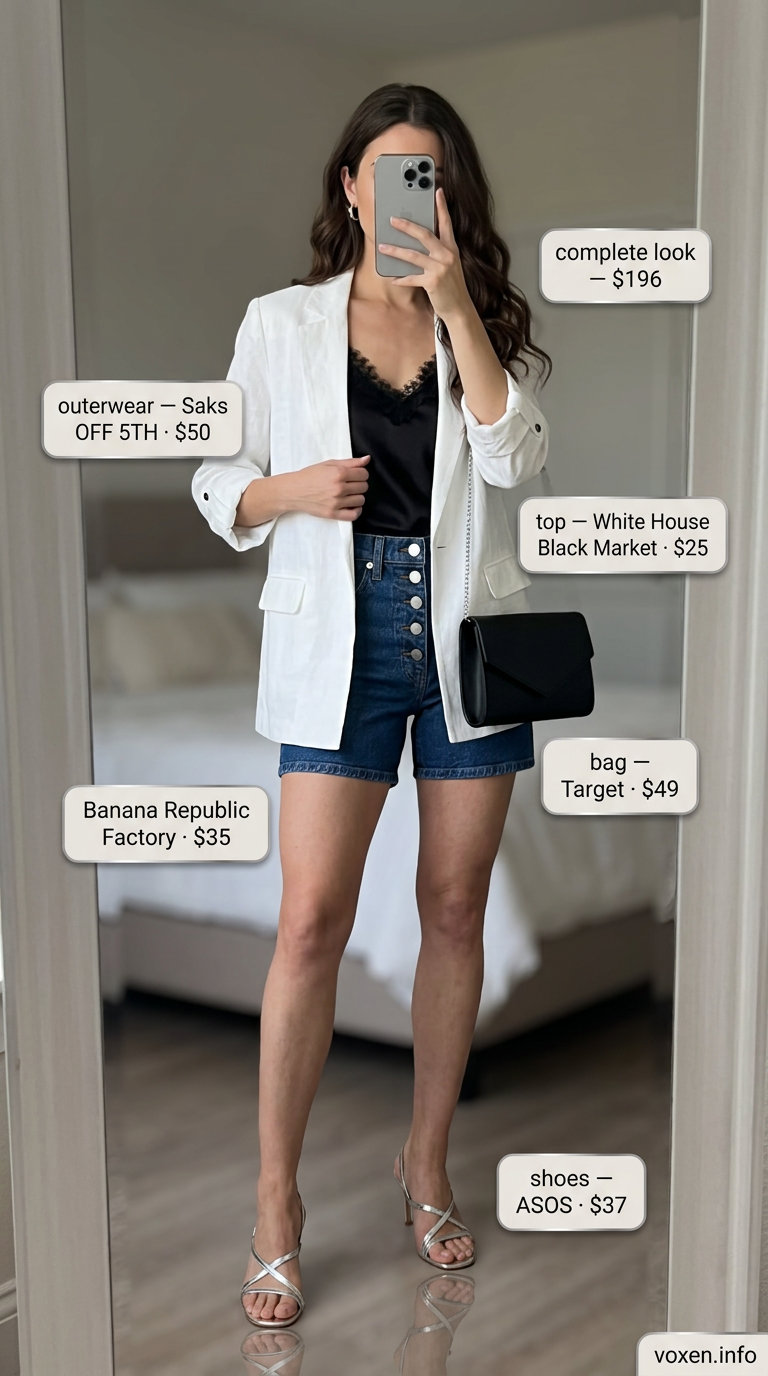 Sophisticated summer denim shorts outfit for women 2026: dark wash shorts, black lace cami, white blazer, silver heels.