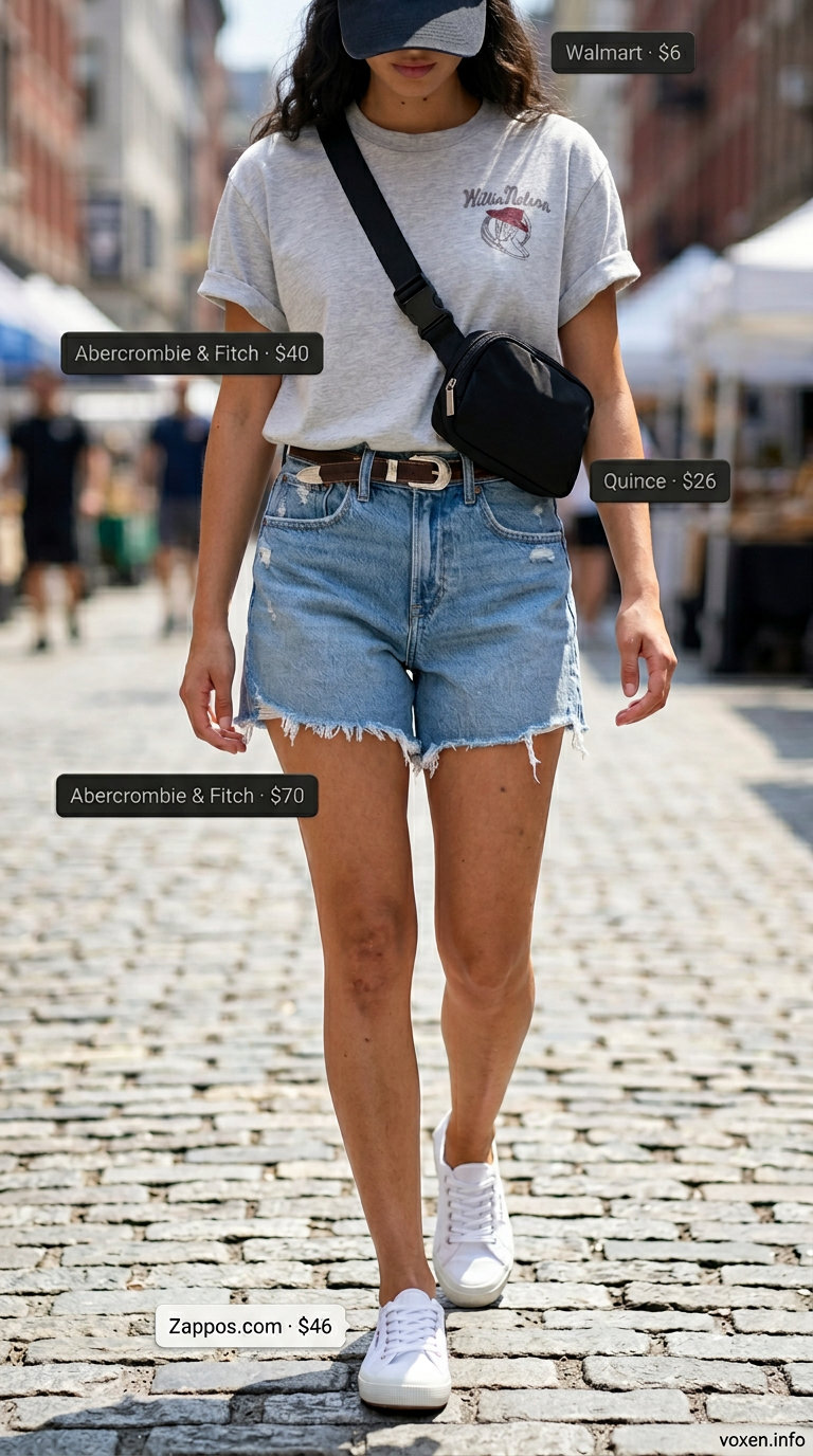 Effortless summer denim shorts for women 2026: distressed shorts, graphic tee, sneakers, baseball cap, belt bag.