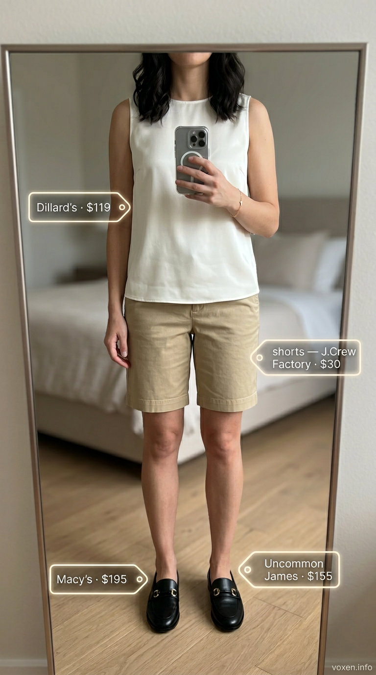 Chic summer denim shorts for women 2026: khaki Bermuda shorts, cream silk blouse, black loafers, structured crossbody bag.