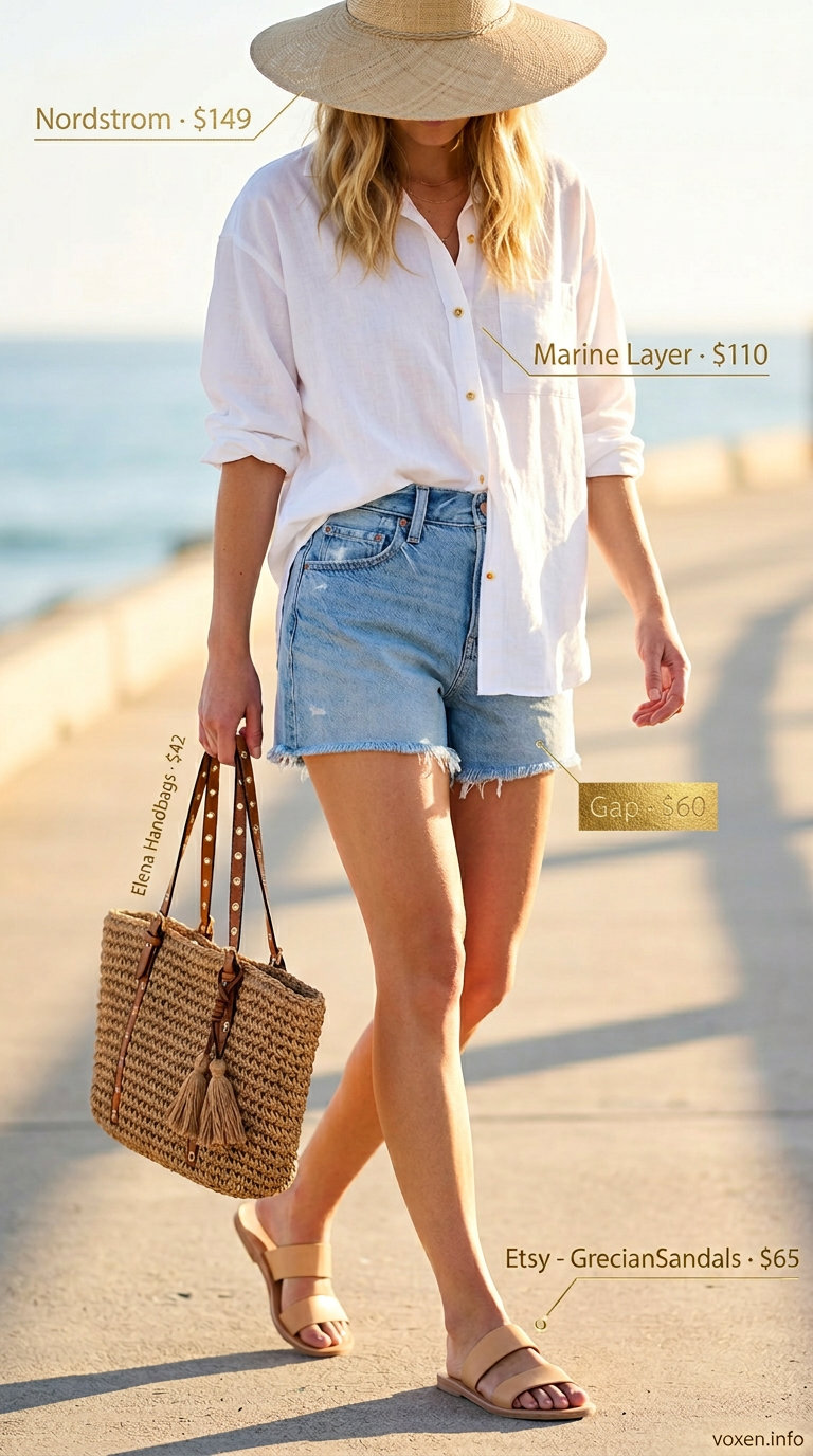 Beach summer denim shorts for women 2026: light wash cutoff shorts, linen shirt, straw hat, leather slides.