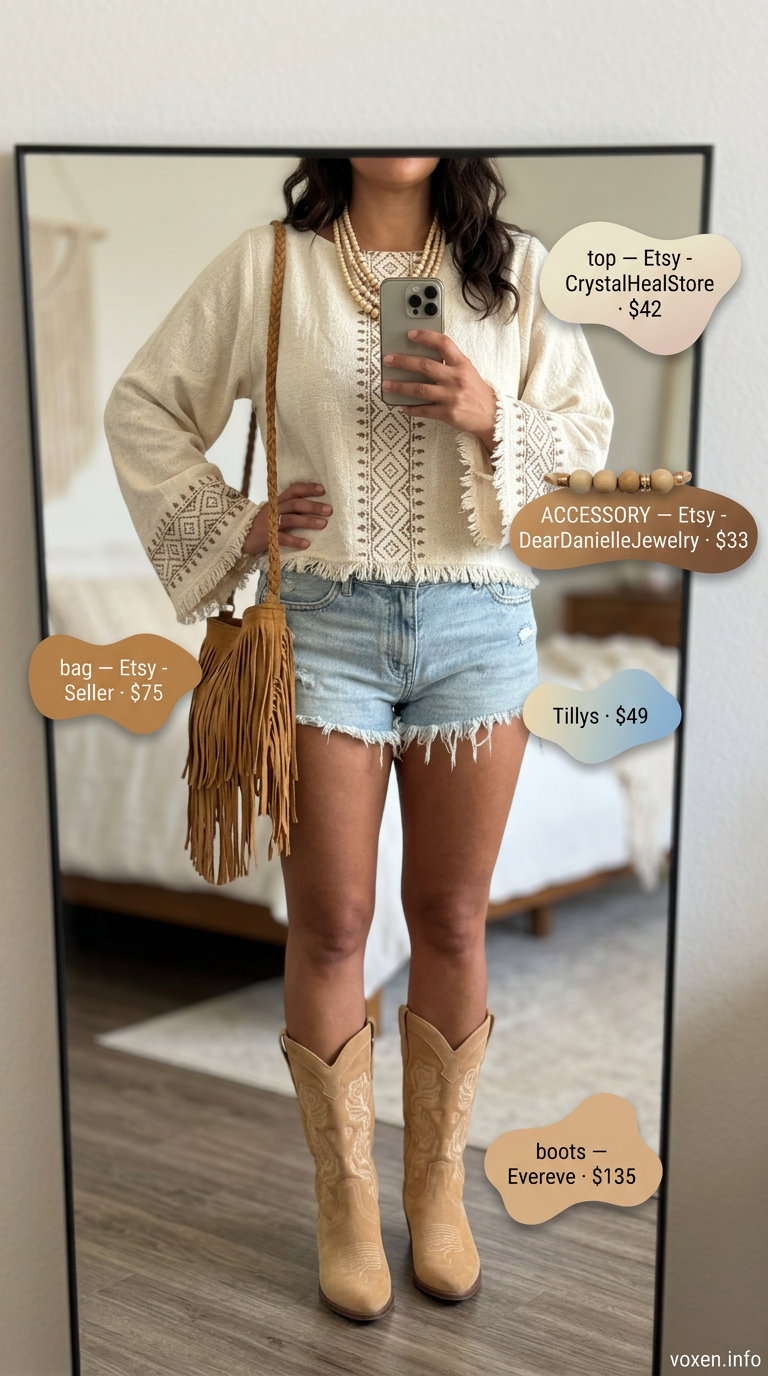 Boho summer denim shorts for women 2026: light wash distressed shorts, cream peasant blouse, suede boots & bag.