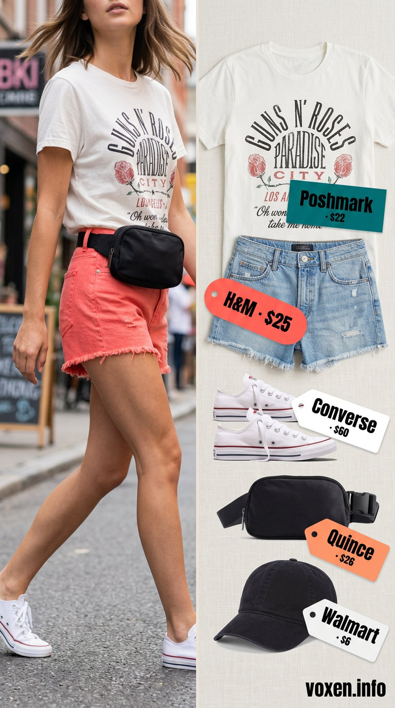 Casual summer denim shorts for women 2026: relaxed fit shorts, graphic tee, baseball cap, sneakers, belt bag.