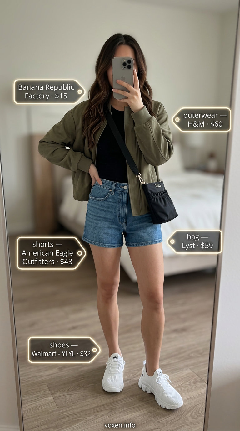 Athleisure summer denim shorts for women 2026: medium wash shorts, olive bomber, black crop top, chunky sneakers.