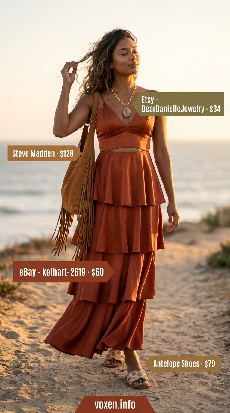 Terracotta tiered maxi dress with embellished slides and layered necklaces for summer dresses for women 2026.