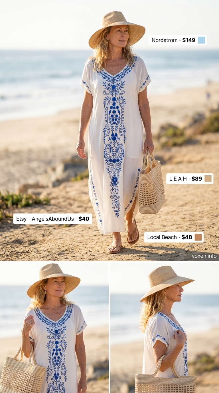 White kaftan dress with blue embroidery, straw hat, and flip-flops for summer dresses for women 2026.