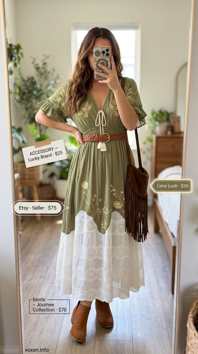 Boho olive green maxi dress for women 2026, perfect for music festivals or casual summer events. Styled with suede boots and a fringe bag.