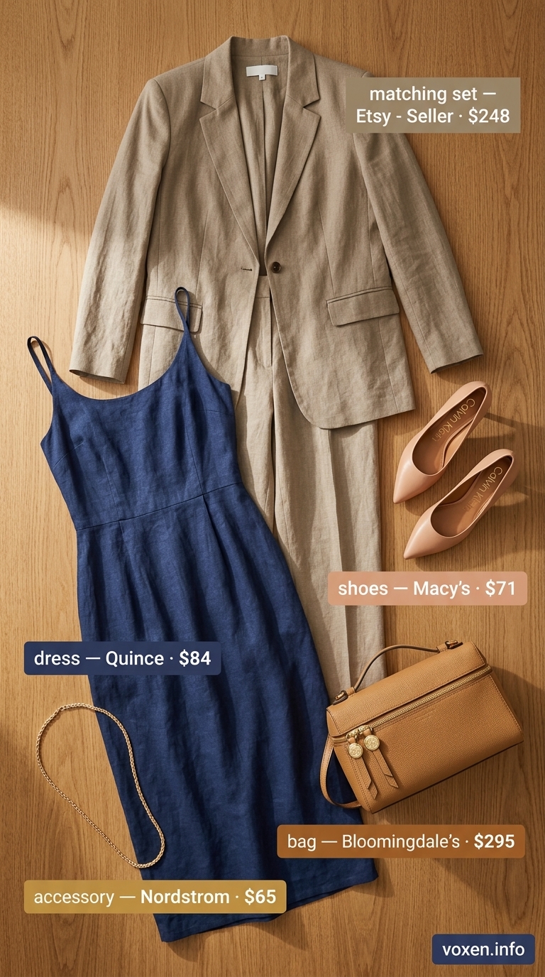 Sophisticated natural linen pantsuit for women 2026, perfect for smart casual events or summer office wear. Styled with heels and a satchel.