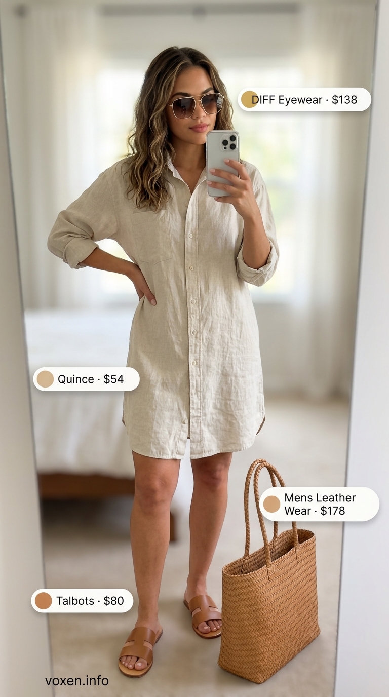 Chic beige linen shirt dress for women 2026, perfect for casual errands or a relaxed office day. Styled with leather slides and a tote.