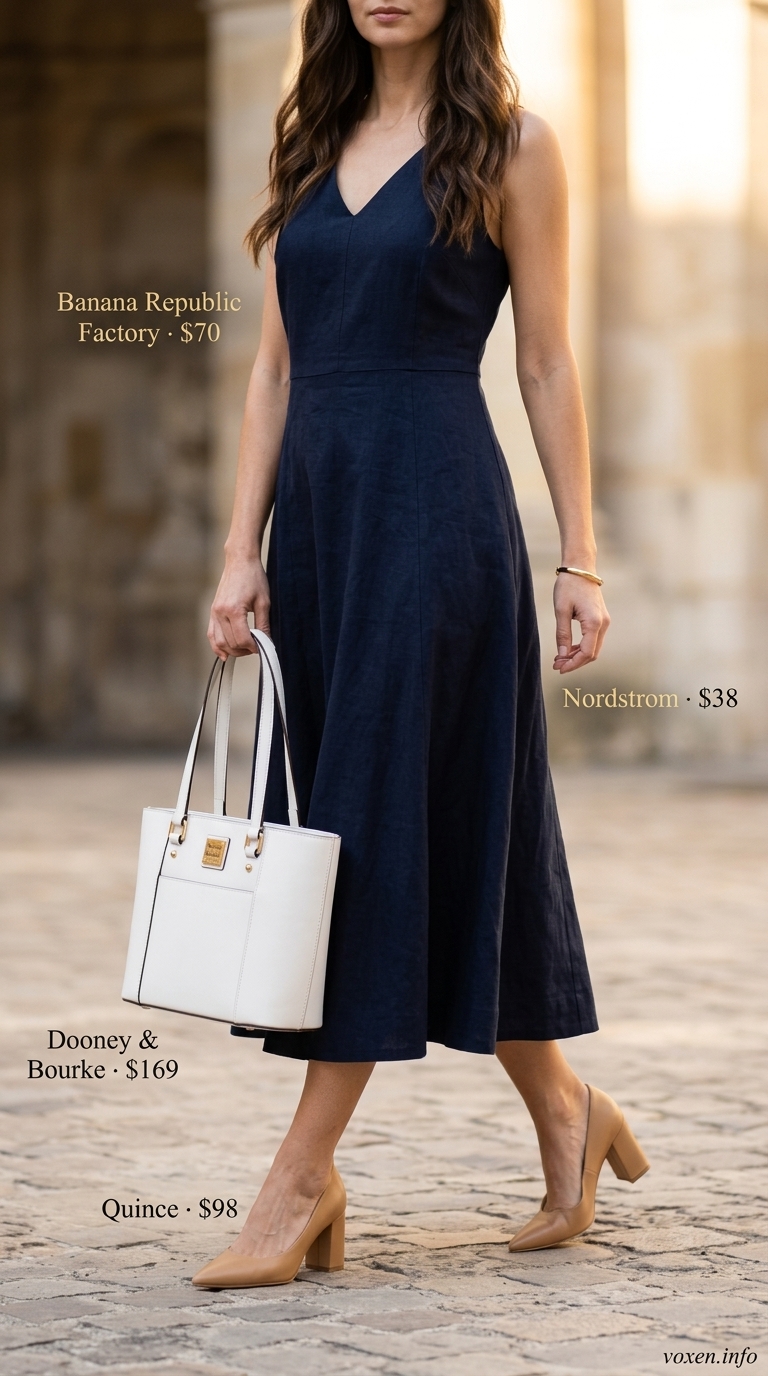 Classic navy sheath dress for smart casual events 2026. Polished outfit with tan pumps and structured tote.