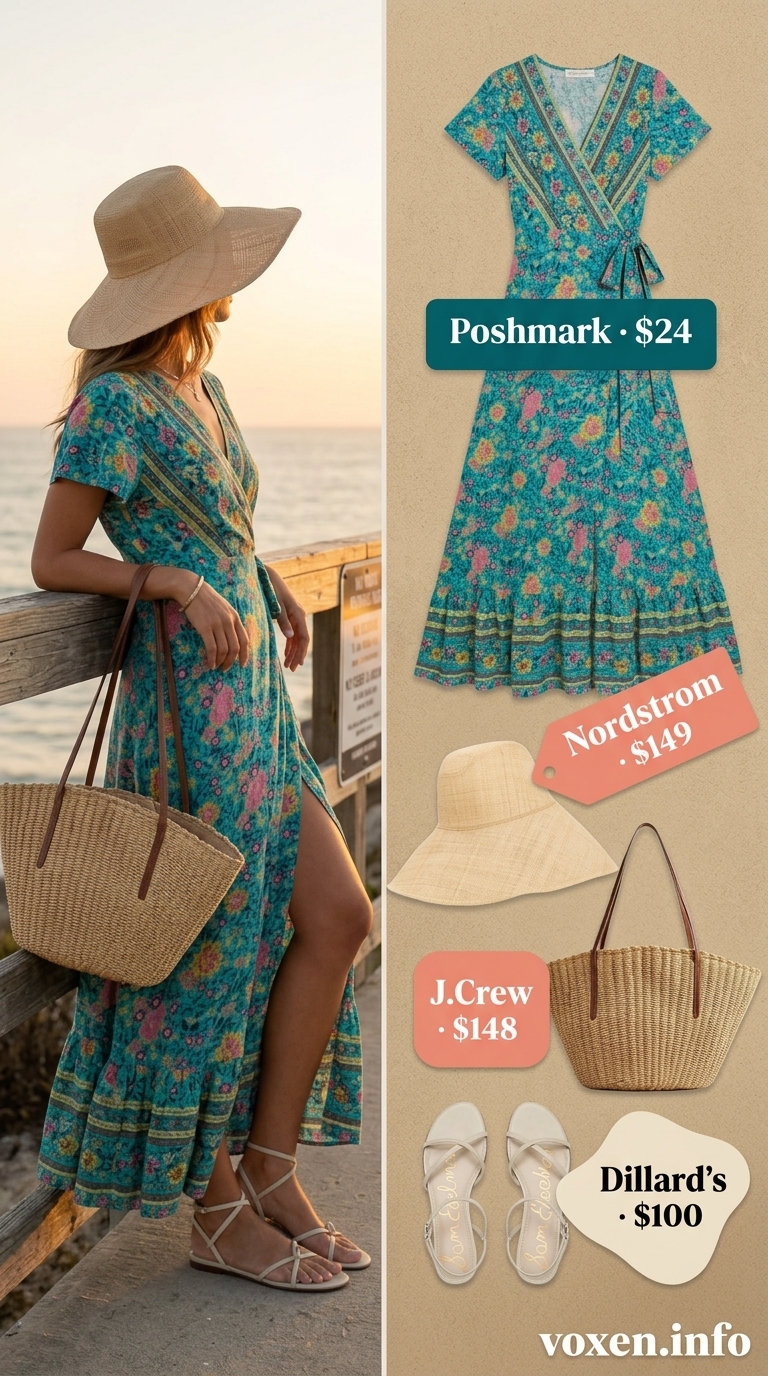 Bohemian coral and teal floral maxi dress for beach days 2026. Relaxed vacation outfit with straw hat and sandals.