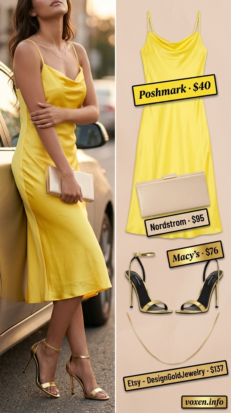 Bright yellow slip dress with gold necklaces and strappy heels for summer dresses for women 2026.