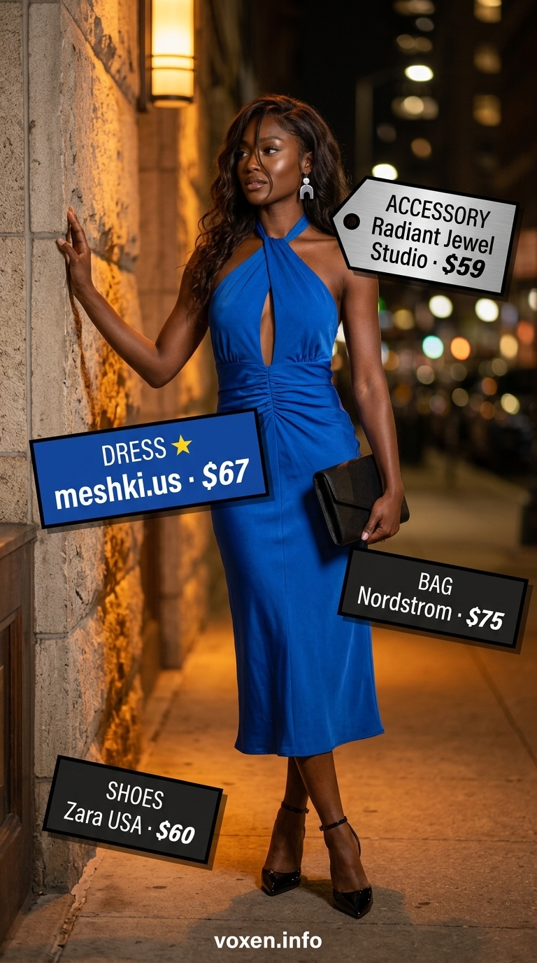 Bold cobalt blue halter midi dress with silver earrings and black heels for summer dresses for women 2026.