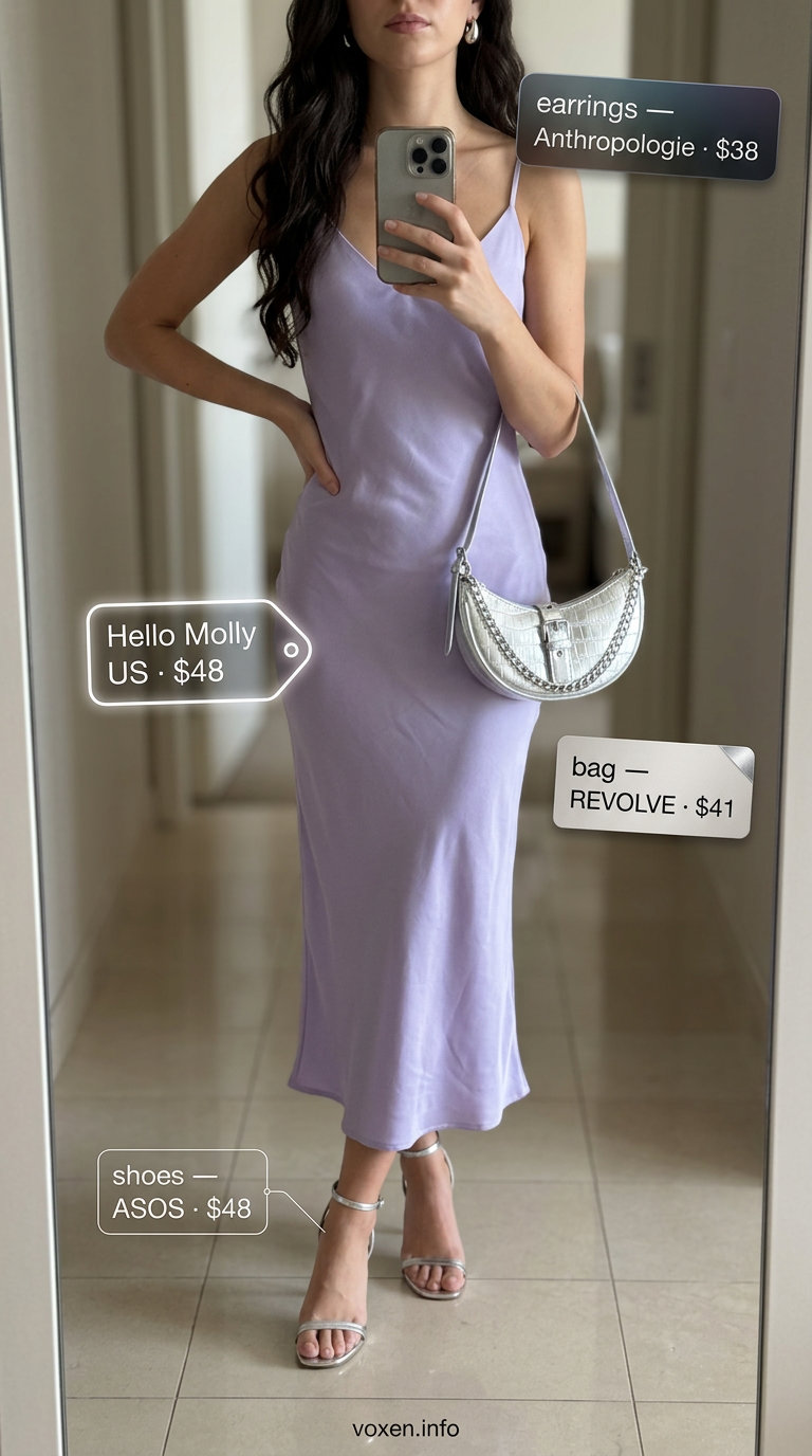 Romantic lilac satin slip dress for date nights 2026. Serene outfit with silver accessories and minimalist heels.