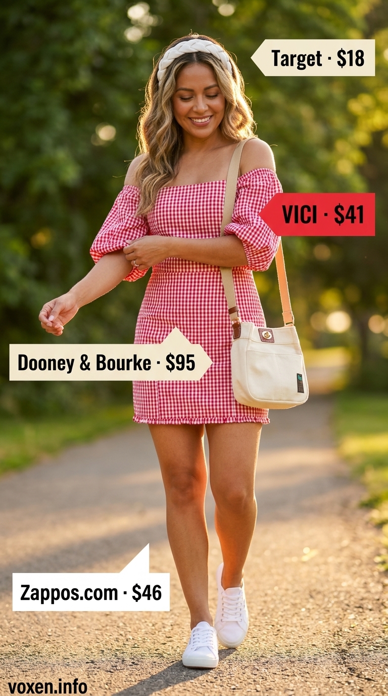 Red gingham sundress with white sneakers and canvas crossbody for summer dresses for women 2026.