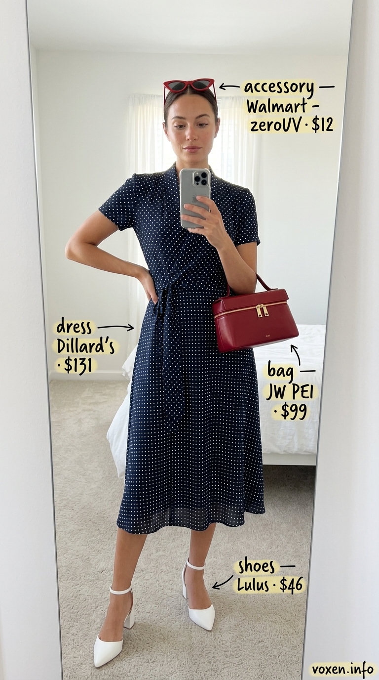 Playful navy polka dot midi dress for women 2026, perfect for summer dates or garden parties. Styled with white pumps and cat-eye sunglasses.