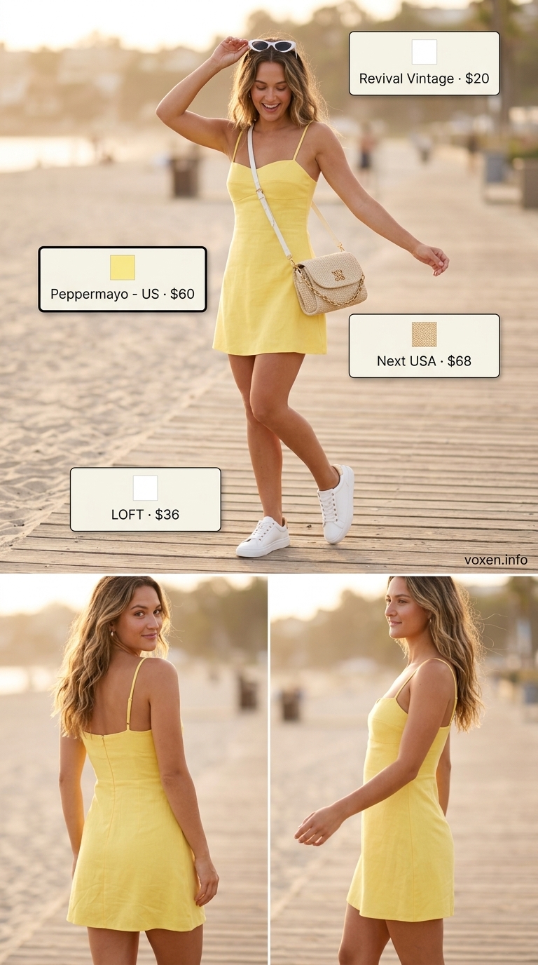 Playful bright yellow sundress for women 2026, perfect for beach days or casual summer outings. Styled with canvas sneakers and a raffia bag.
