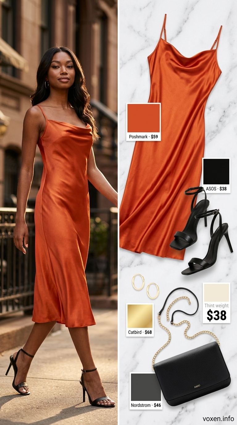Terracotta orange slip dress with black heels and gold earrings for summer dresses for women 2026.