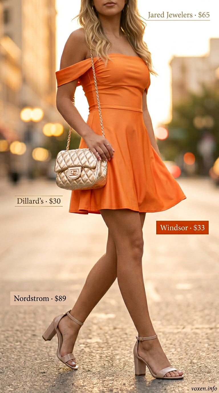 Vibrant orange off-the-shoulder mini dress with gold crossbody and nude sandals for summer dresses for women 2026.